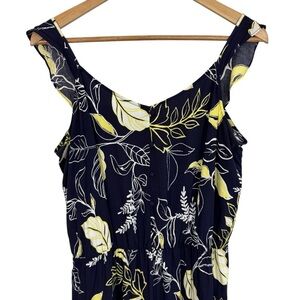 Reitmans Navy Leaf Print Sleeveless Maxi Dress Sz L Floral Tropical Classy EUC